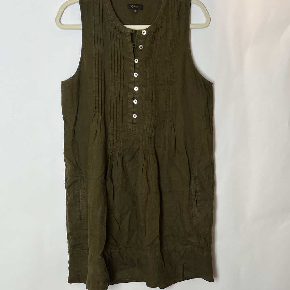 Quince Women's Medium Olive Green 100% European Linen Sleeveless Swing Dress